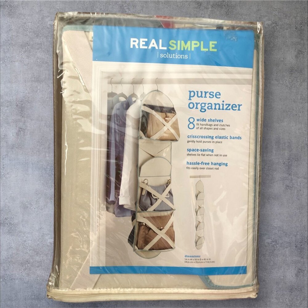 Real Simple Hanging Purse Organizer 8 Wide Shelves Crisscross Elastic Bands New